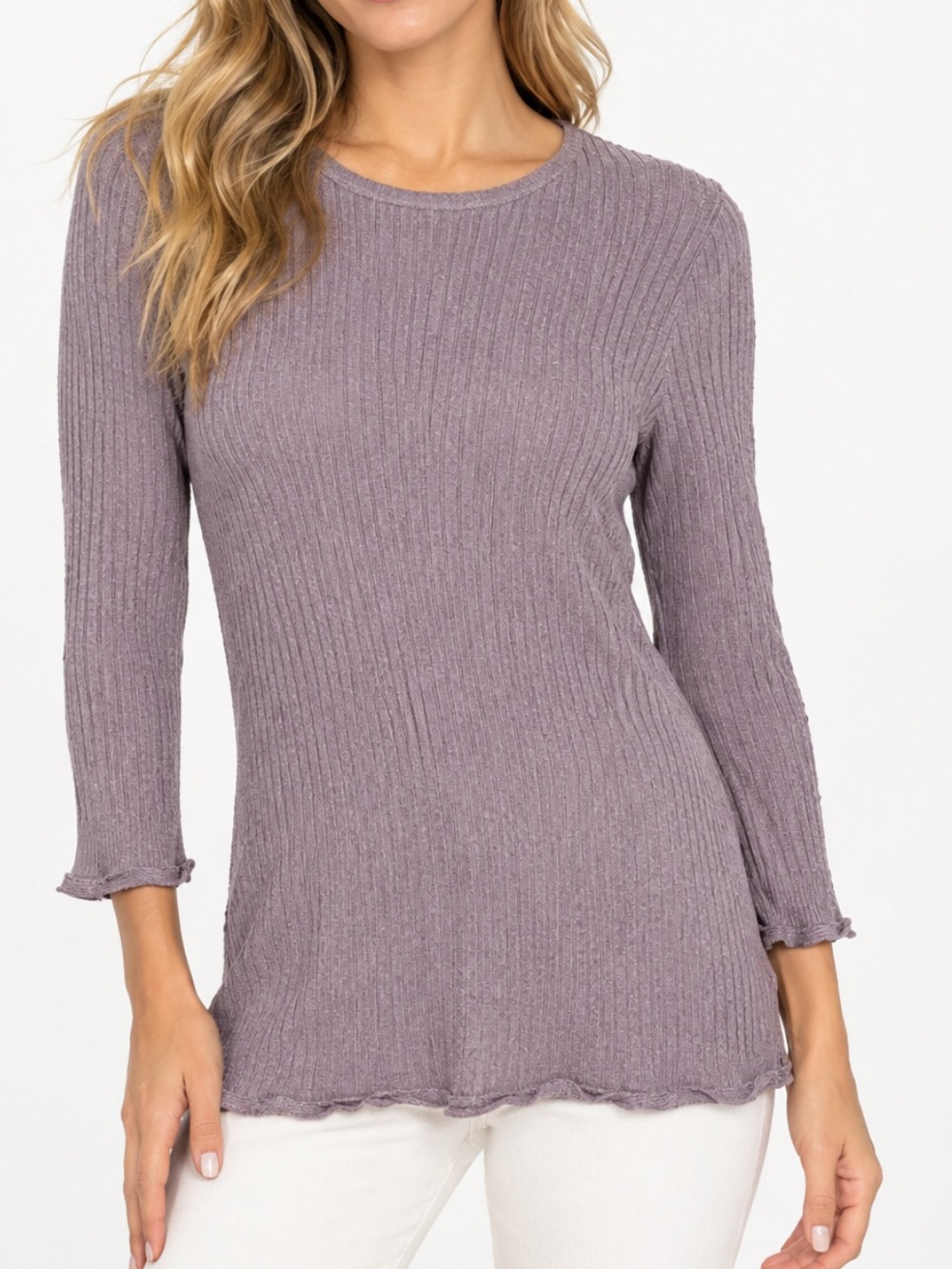 St. John mauve wool blend ribbed knit 3/4 sleeve rolled hem blouse sz m